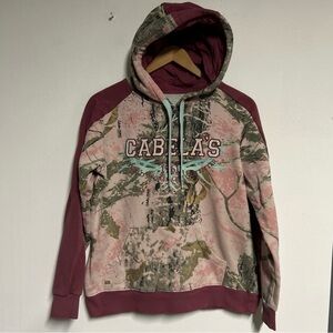Cabela’s Women’s Pink Tree Print Logo Pullover Drawstring Hoodie Pockets Outdoor